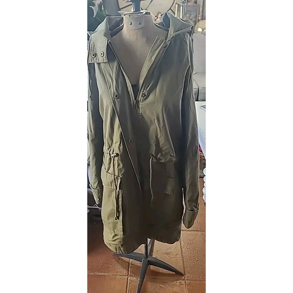 Forever 21 Trench Coat Jacket Womens Size Medium Green Knee Length Hooded Preppy - Picture 1 of 8